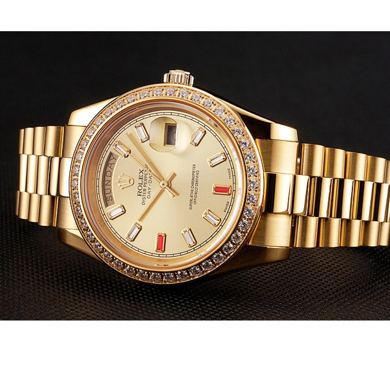 Aaa replica watch Swiss 1454100 And Champagne Bracelet Diamonds Dial Rubies Rolex Day-Date Gold 0709
